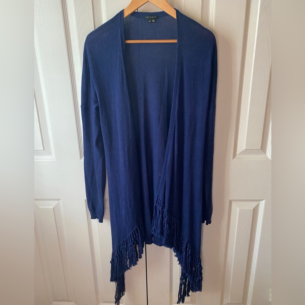 theory Navy Vesta Cashmere Blend Fringe Sharkbite Hem Open‎ Cardigan SZ S